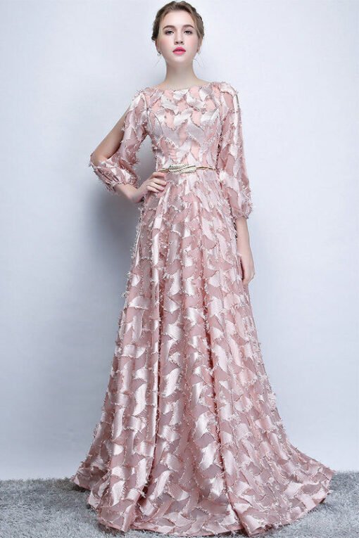 pink long sleeve prom dress 1178-001