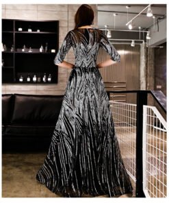 Alternative view of Silver And Black Prom Dress A Line 1/2 Sleeve Wedding Guest Dress