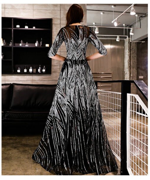 Alternative view of Silver And Black Prom Dress A Line 1/2 Sleeve Wedding Guest Dress