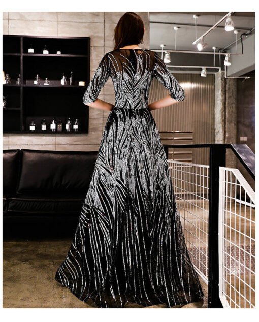 Silver And Black Prom Dress A Line 1/2 Sleeve Wedding Guest Dress - Image 2