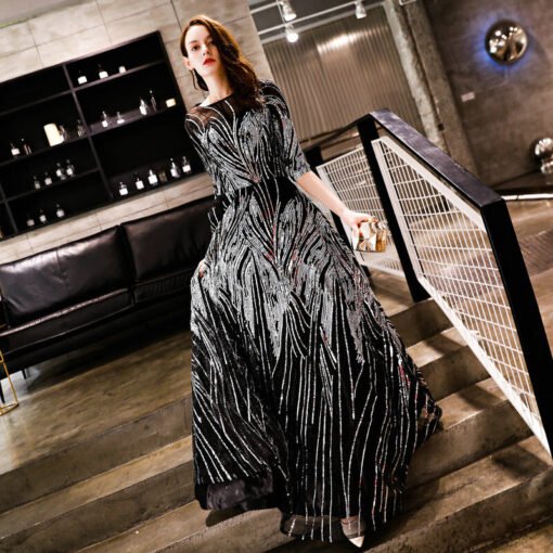 Silver And Black Prom Dress A Line 1/2 Sleeve Wedding Guest Dress - Image 6