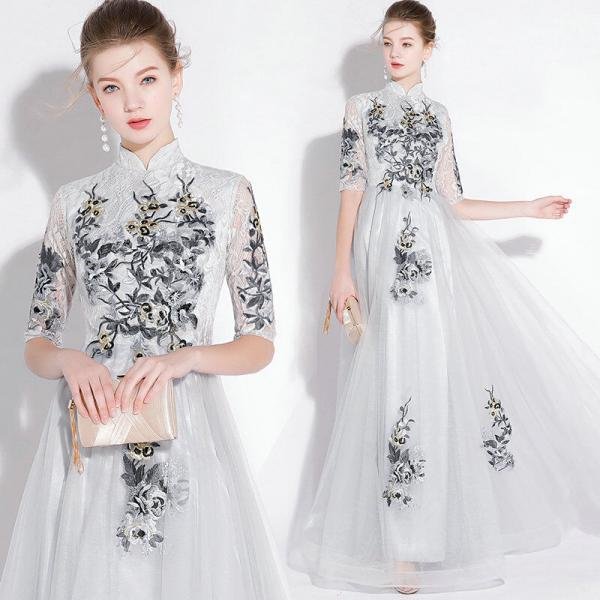 Silver Long Dress High Neck 1/2 Sleeves A Line Wedding Guest Dress - Image 7