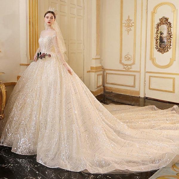 Sparkly Ball Gown Wedding Dress Long Sleeve With Train - Image 6
