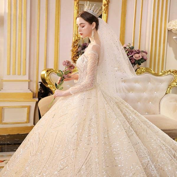 Sparkly Ball Gown Wedding Dress Long Sleeve With Train - Image 7