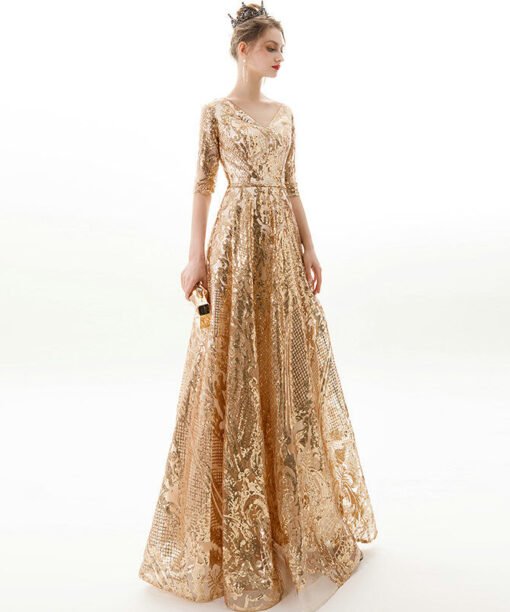 Alternative view of Sparkly Gold Prom Dress V Neck 1/2 Sleeves Floor Length Sale