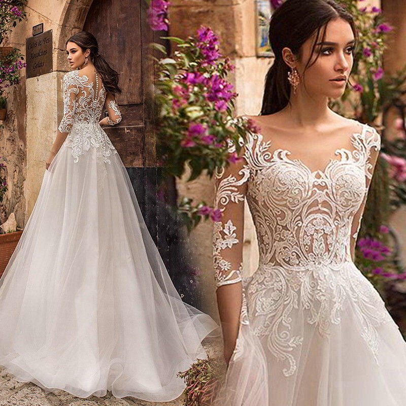 A Line Lace Wedding Dress Illusion Necklace Simple Formal Dress