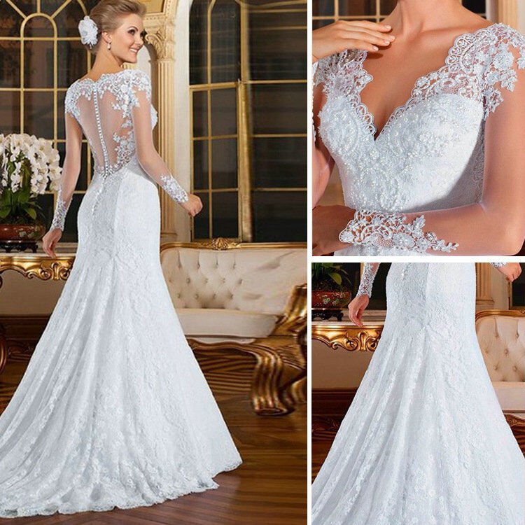 Lace Mermaid Wedding Dress Beaded Long Sleeve With Train