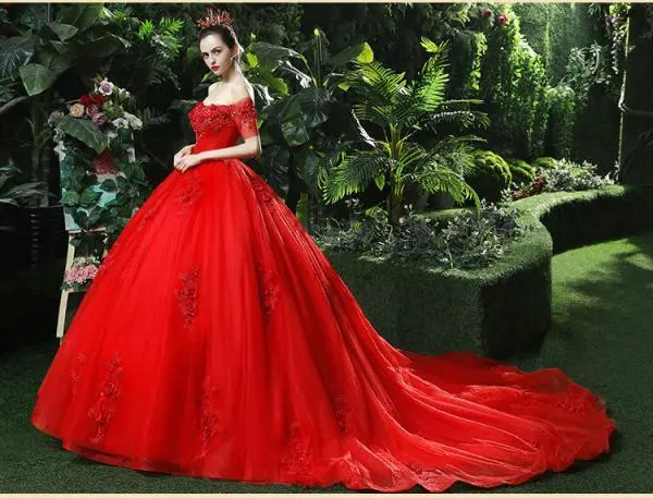 Red Princess Wedding Dress Off The Shoulder Ball Gown - Image 8