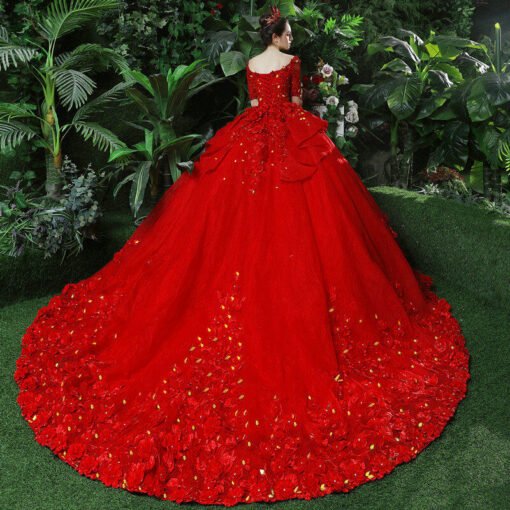 Red Wedding Dress Plus Size Princess Short Sleeve Ball Gown - Image 5
