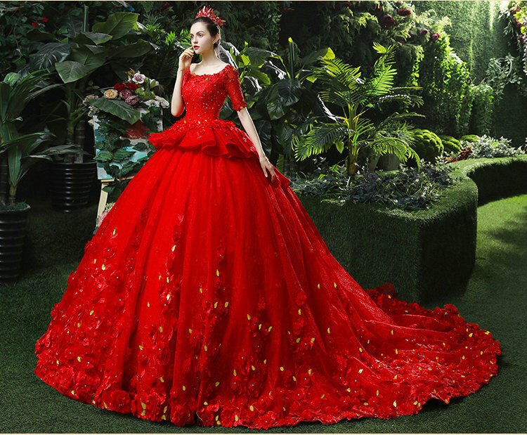 Red Wedding Dress Plus Size Princess Short Sleeve Ball Gown