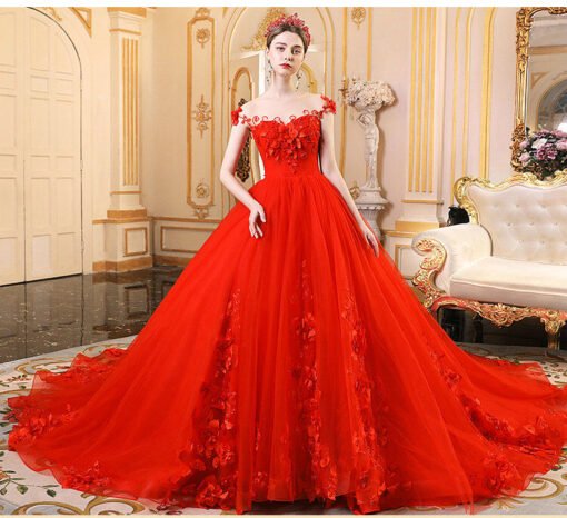 Red Wedding Gowns Princess Ball Gown Prom Dress With Train - Image 3