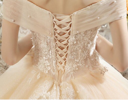 Wedding Dress With Flowers Off The Shoulder Light Champange - Image 5