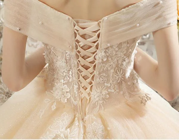 Wedding Dress With Flowers Off The Shoulder Light Champange - Image 5