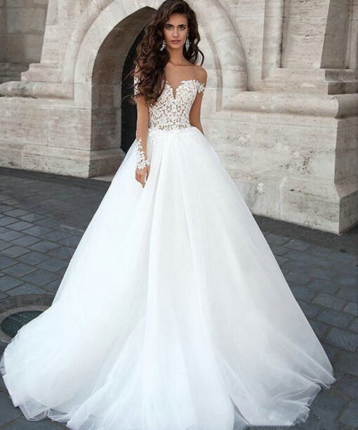 off the shoulder long sleeve wedding dress 1213-001