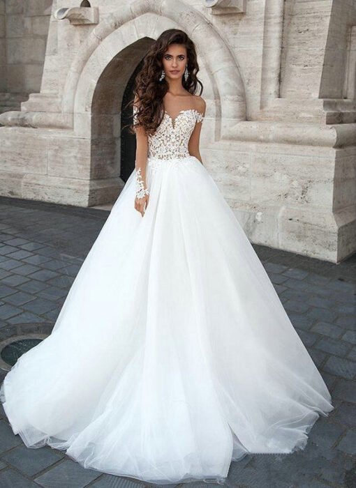 off the shoulder long sleeve wedding dress 1213-001