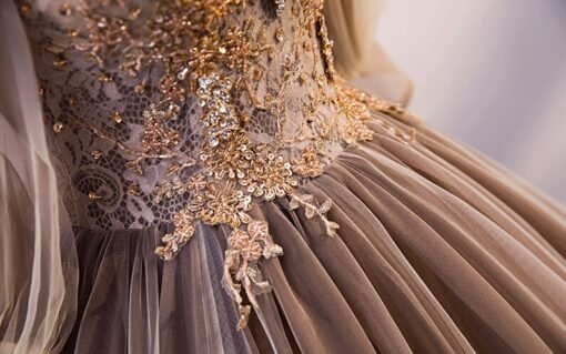 Light Brown Quinceanera Dress Detachable Sleeve Ball Gown Prom Dress - Image 6