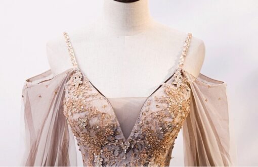 Light Brown Quinceanera Dress Detachable Sleeve Ball Gown Prom Dress - Image 5