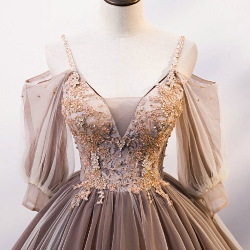 Light Brown Quinceanera Dress Detachable Sleeve Ball Gown Prom Dress - Image 7