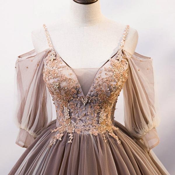 Light Brown Quinceanera Dress Detachable Sleeve Ball Gown Prom Dress - Image 7