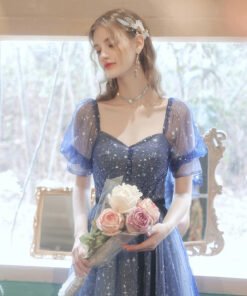 Alternative view of Blue Sparkly Formal Dress Puffy Short Sleeves Star Prom Dress