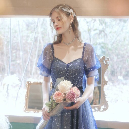 Blue Sparkly Formal Dress Puffy Short Sleeves Star Prom Dress - Image 2