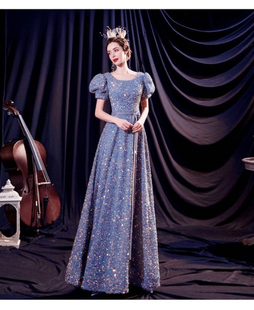 Cheap Blue Prom Dress A Line Long Bling Bridesmaid Dress For Sale