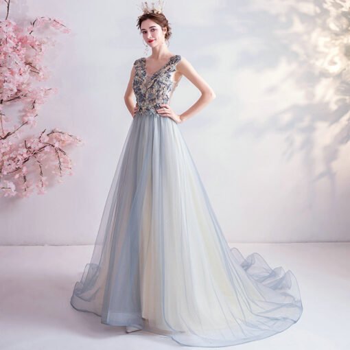 light blue open back prom dress 1229-005