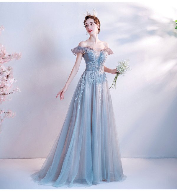 Off Shoulder Blue Dress A Line Beaded Lace Bridesmaid Dress For Sale - Image 5