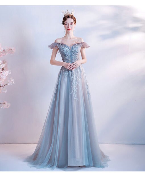 off shoulder blue dress 1225-007