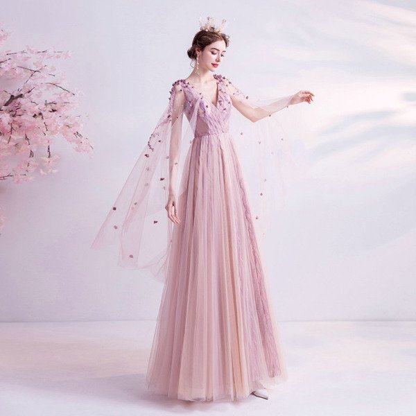 Pink A Line Prom Dress V Neck Floor Length Sleeveless With Cape - Image 3