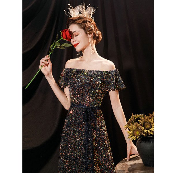 Sparkly Black Dress Off The Shoulder A Line Long Wedding Guest Dress - Image 6