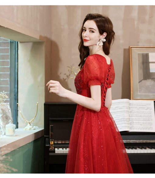 Red Cocktail Party Dress V Neck A Line Knee Length Short Sleeve Formal - Image 5