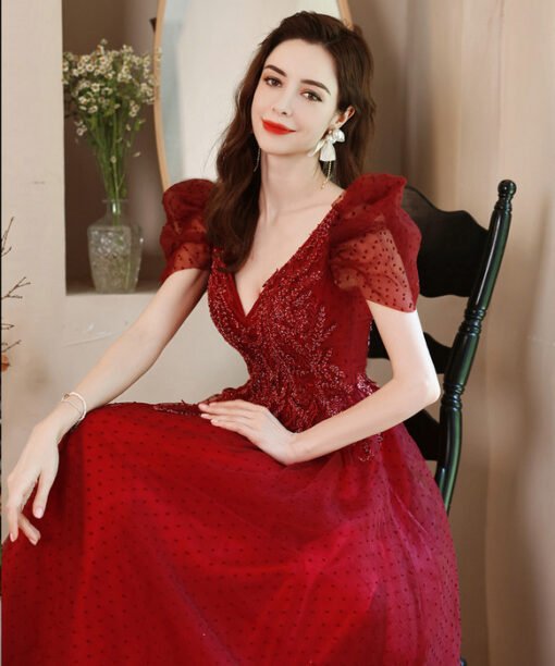 red v neck prom dress 1240-001