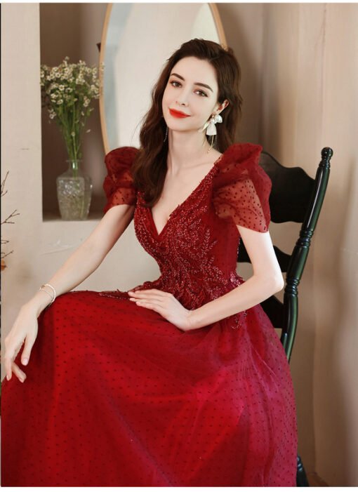 red v neck prom dress 1240-001