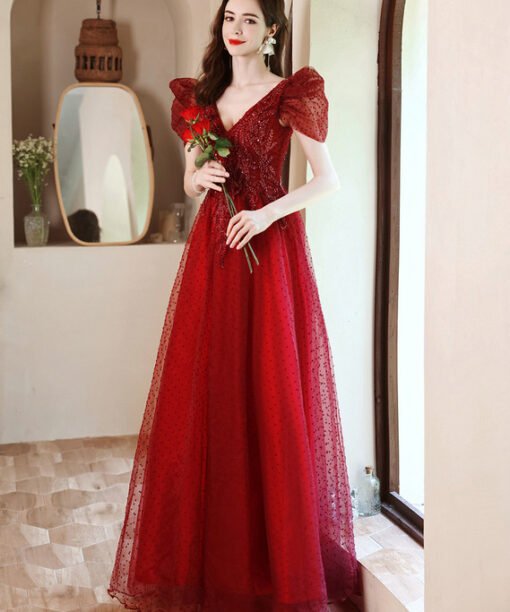 red v neck prom dress 1240-002