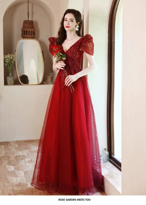 red v neck prom dress 1240-002