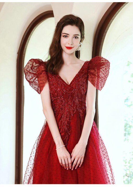 Red V Neck Prom Dress Beaded Puffy Sleeve Long Wedding Guest Dress - Image 4