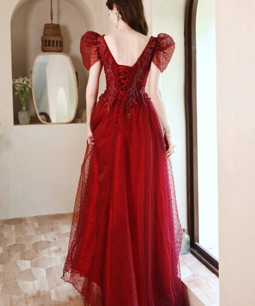 red v neck prom dress 1240-005