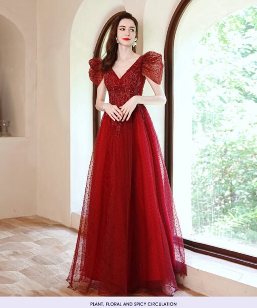 red v neck prom dress 1240-006