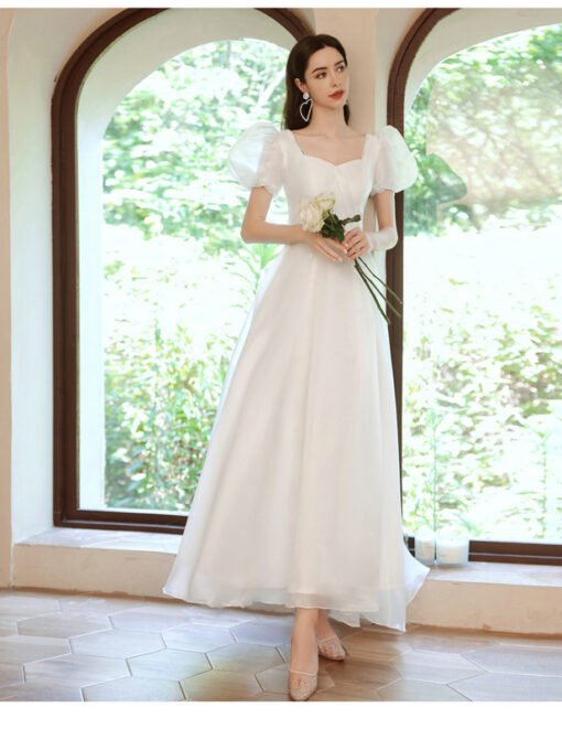 White Long Prom Dress A Line Puffy Short Sleeve Formal Dress - Image 3