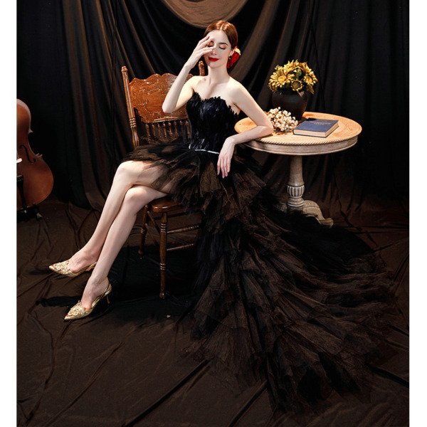 Black High Low Dress Strapless Sweetheart A Line Prom Dress With Train - Image 5