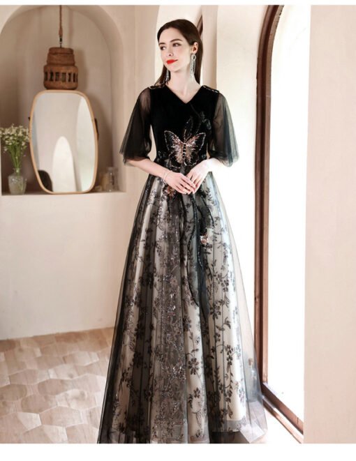Black Lace Prom Dress V Neck A Line Long Formal Dress - Image 4
