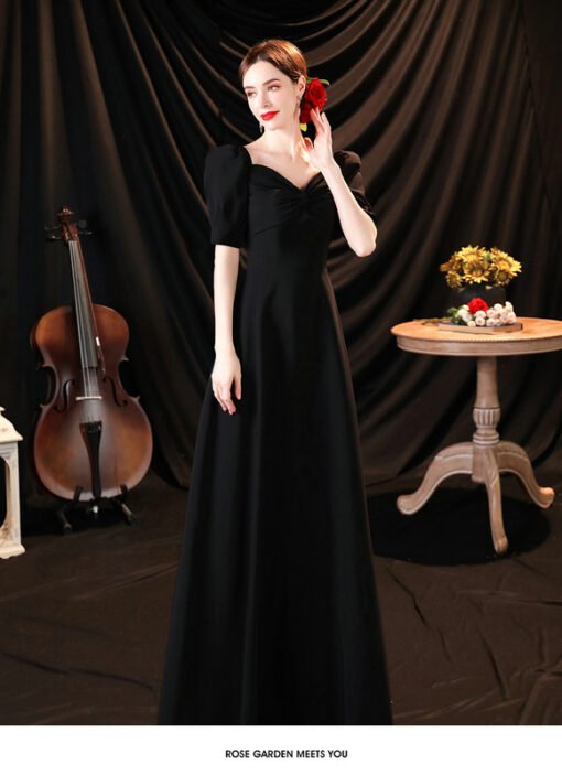 Black Satin Dress Sweetheart Short Sleeve A Line Formal Prom Dress - Image 5