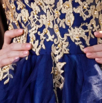 Gold And Blue Prom Dress Ball Gown Lace Short Sleeve Formal Dress