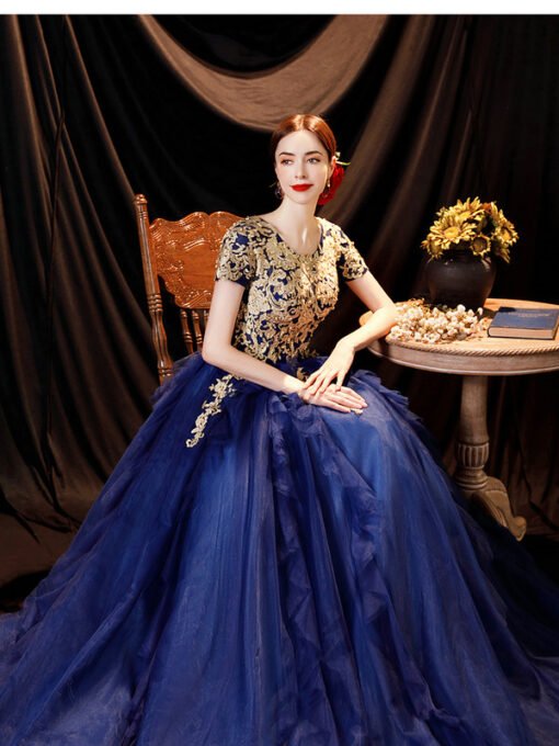 Gold And Blue Prom Dress Ball Gown Lace Short Sleeve Formal Dress - Image 4