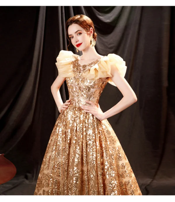 Gold Quinceanera Dress Sequin Bling Lace Ball Gown Prom Dress - Image 6