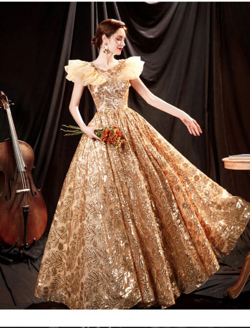 Gold Quinceanera Dress Sequin Bling Lace Ball Gown Prom Dress - Image 5