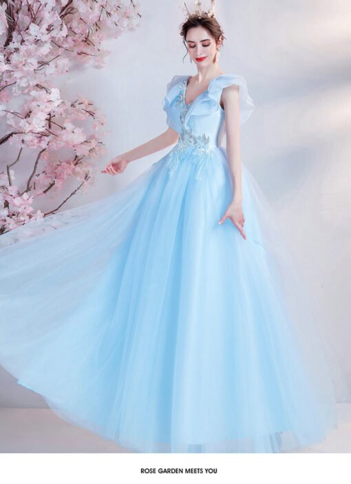 Light Blue Princess Prom Dress V Neck A Line Long Birthday Dress - Image 6