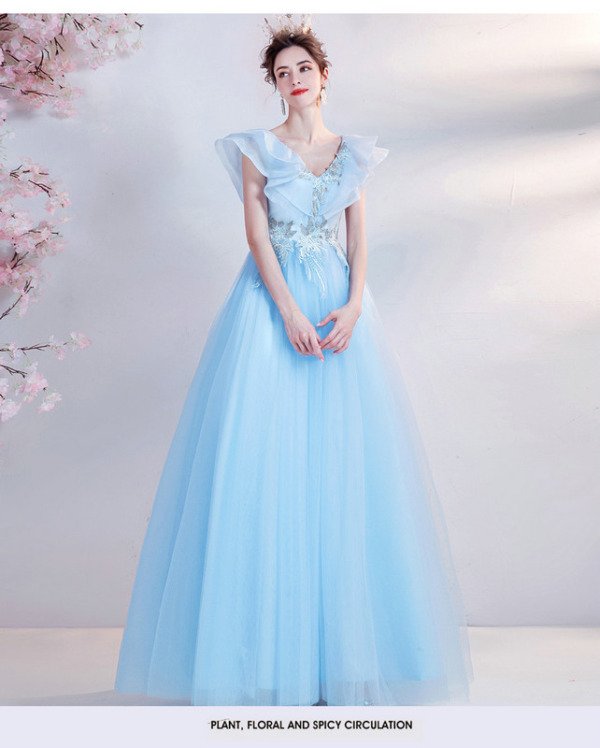 Light Blue Princess Prom Dress V Neck A Line Long Birthday Dress - Image 5
