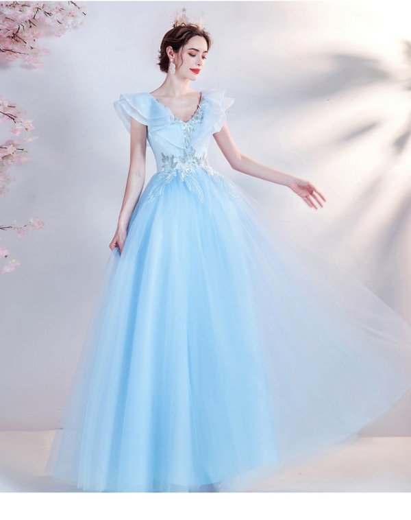 Light Blue Princess Prom Dress V Neck A Line Long Birthday Dress - Image 8